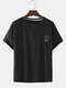 Mens National Style Cotton Linen Round Neck Casual Short Sleeve T-shirts - Black