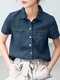 Botão liso bolso lapela manga curta casual algodão Camisa - azul