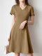 Solid A-line Short Sleeve V-neck Dress For Women - Khaki