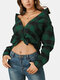 Women Plaid Button Pocket Long Sleeve Lapel Collar Blouse - Green