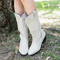 Plus Size Women Retro Embroideried Pointed Toe Chunky Heel Long Boots - White
