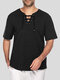 Mens Solid Drawstring V-Neck Cotton Short Sleeve T-Shirt - Black