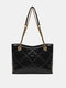 Women Faux Leather Ins Argyle Chain Large Capacity Multifunction Handbag Tote - Black