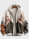 Mens Ethnic Geometric Print Patchwork Zip Front Drawstring Hooded Jacket Winter - Apricot