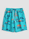 Men Scenery & Letter Graffiti Print Swimwear Wide Legged Loose Fit Quick Dry Board Shorts - Blue