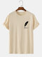 Mens Feather Print Crew Neck 100% Cotton Casual Short Sleeve T-Shirts - Apricot