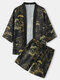 Mens All Over Jungle Print Kimono Drawstring Shorts Street Two Pieces Outfits - Black