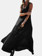 Solid Color O-neck Overhead Sleeveless Pleated Maxi Dress - Black