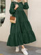 Solid Color Layered Long Sleeve Pleated Dress - Green