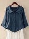 Solid Color Lapel Button Down 3/4 Sleeve Blouse - Navy