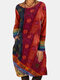 Plus Size Vintage Ethnic Geometric Print O-neck A-line Loose Dress - Red