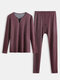 Men Thicken Thermal Underwear Set Knitting Solid Color High Elastic V Neck Long Johns - Wine Red