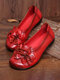 Sاوكوفي جلد طبيعي مصنوع يدويًا خياطة كاجوال سهل الارتداء Soft حذاء مسطح مريح معقود على شكل أزهار - أحمر
