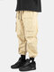 Mens Cotton Multi-Pocket Detail Solid Drawstring Utility Cargo Pants With Draw Cords - Khaki