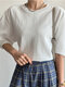 Crew Neck Solid Color Half Sleeve Casual Blouse - White