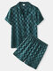 Mens Checkered Revere Collar Button Up Satin Cozy Pajamas Sets - Green