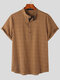 Mens Plaid Stand Collar 100%Cotton Henley Shirt - Khaki