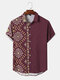 Mens Paisley Geometric Print Ethnic Style Short Sleeve Shirts - Wine Red