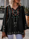 Vintage Tribal Pattern V-neck Slit Long Sleeve Blouse - Black