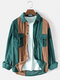 Mens Corduroy Patchwork Cargo Style Double Pockets Lapel Long Sleeve Shirts - Green
