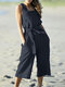 Solid Pocket Sleeveless Square Collar Jumpsuit With Belt - Navy