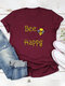 Cartoon Bee Happy Letter Printed Short Sleeve O-Neck T-shirt - Wine Red