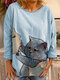 Cartoon Cat Print O-neck Long Sleeve Casual Blouse For Women - Blue