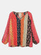Vintage Print V-neck Puff Sleeve Plus Size Blouse for Women - Red