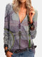 Dragonfly Print Long Sleeve V-neck Zipper T-Shirt For Women - Purple
