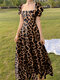 Leopard Print Puff Sleeve Square Collar Swing Maxi Dress - Coffee