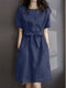 महिलाओं के लिए सॉलिड क्रू नेक कॉटन शॉर्ट स्लीव बेल्ट वाली ड्रेस - गहरा नीला