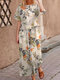 Terno feminino de manga curta com estampa de plantas e duas peças - Amarelo