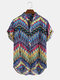 Men Ethnic Colorful Geometric Striped Printed Stand Collar Casual Henley Shirt - Blue