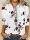 Flower Print Long Sleeve Button Stand Collar Women Blouse - White