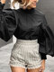 Solid Color Long Lantern Sleeve Ruffle Shirt For Women - Black
