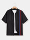 Mens 2 Stripes Baseball Collar Street Short Sleeve Shirts - Black
