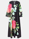Calico Pocket V-neck Long Sleeve Print Dress For Women - Black