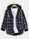 Mens Plus Velvet Plaid Warm Thick Cotton Hooded Shirts With Pocket - Blue