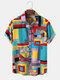 Mens Colorful Ethnic Pattern Print Lapel Short Sleeve Holiday Shirt - Red