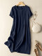Solid Short Sleeve Crew Neck Casual Dress For Women - Navy