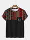 Mens Colorful Geometric Funny Face Print Ethnic Short Sleeve T-Shirts - Black