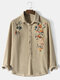 Mens Corduroy Floral Embroidered Half Button Casual Loose Henley Shirts - Khaki