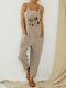 Mushroom Print Straps Casual Jumpsuit With Pocket - Light Brown