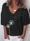 Short Sleeve V-neck Flower Print Short Sleeve T-shirt For Women - Black