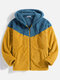 Mens Contrast Patchwork Zip Up Plush Slant Pocket Hooded Jackets - Yellow