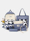 4 PCS Canvas Preppy Cow Pattern Multifunction Combination Bag Tote Backpack Crossbody Clutch Wallet - Blue