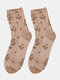 3 Pairs Women Cotton Striped Floral Pattern Jacquard Vintage Thick Piled Stocking - Khaki