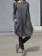 Solid Color O-neck Long Sleeves Casual Dress With Pocket - Grey