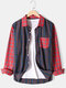 Mens Cotton Check Patchwork Lapel Casual Long Sleeve Shirts With Pocket - Navy