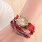 Fashion Colorful Rhinestones Weave Velvet Oval Multilayer Bracelet Watches for Women Girl's Gift - Red
